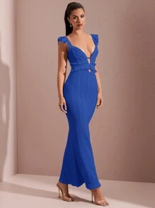 SHEIN BAE Váy ngắn hở lưng buộc dây thanh lịch hở lưng kết cấu ren móc khoét rỗng màu trắng gợi cảm - Xanh đậm - Xem 4