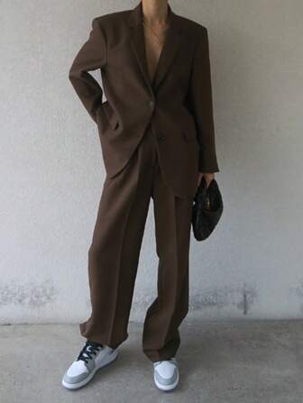 DAZY 2 pièces Ensemble veste blazer à manches longues minimaliste de couleur unie et pantalon pour femmes, tenue quotidienne Y2k