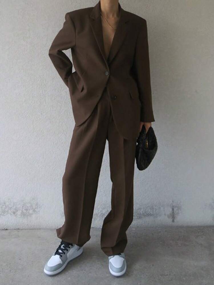 2pcs Women Solid Color Minimalist Long Sleeve Blazer Jacket And Pants Set, Daily Wear Y2k