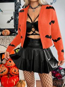 Chiquease Halloween Bat Print Casual Long Sleeve Knit Cardigan Fall Cloth For Women - Orange - View 3