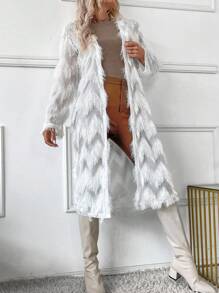 SHEIN LUNE Women's Fashion Casual Fringed Feather Trim Long Cardigan - White - View 1