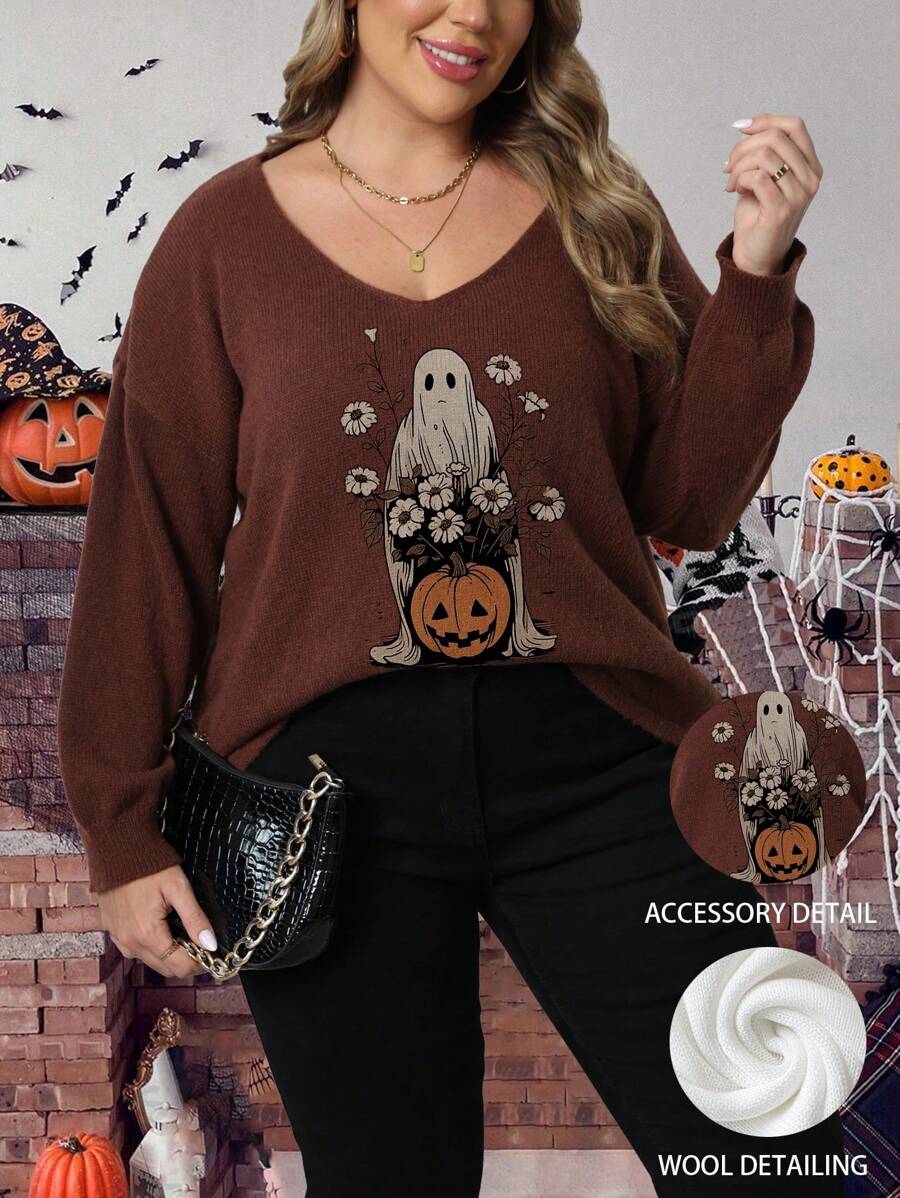 Suéter de manga larga con cuello en V, estampado de calabaza y fantasma, para mujeres de talla grande, ropa de otoño