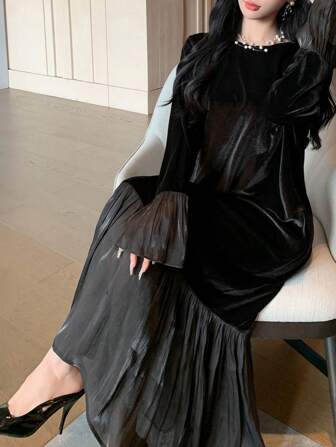 FRIFUL Women's Patchwork Mid-Length Thermal Lined Dress