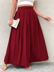 Firerie Plus Size Women Gray High-Waisted Maxi Pleated A-Line Skirt With Pockets And Elastic Waist, Back To School Spring To Summer - Red - View 4
