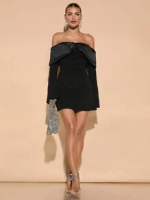SHEIN BAE Women's Autumn Off-Shoulder Long Sleeve Bow-Tie Decor Cocktail Dress For Party, Date Night Summer Outfits For Women//Spring Clothes//Valentine Day Outfit/Carnaval//Beach Vacation Outits