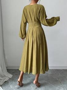 Calvaya Textured Elegant Batwing Sleeve Empire Waist Pleated Lantern Sleeve Dress Maxi Women Outfit