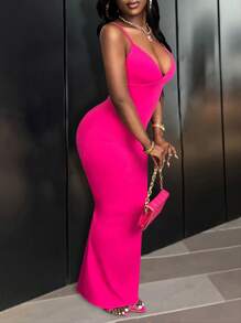 Slaydiva 性感/优雅细肩带紧身紫红色长款低胸荷叶边女式连衣裙 - 玫紅色 - 查看 3