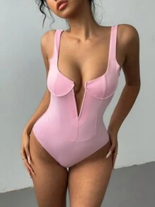 Aloruh Women's Solid Color V-Neck Sexy Fashionable Bodysuit - Pink - View 1