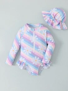 1pc Young Girls Random Striped & Floral Print One-Piece Swimsuit - Multicolor - View 3