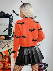Chiquease Halloween Bat Print Casual Long Sleeve Knit Cardigan Fall Cloth For Women - Orange - View 2