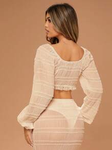 Hauture Solid Texture Bow Tie Balloon Sleeve Crop Top - Apricot - View 2