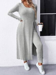 2 piezas Conjunto de pantalón y blusa de manga larga de unicolor para mujer de talla grande - Gris - Ver 4