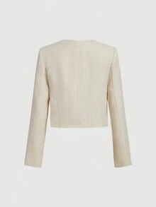 SHEIN MOD Áo khoác ngắn cổ tròn tay dài vải tuýt dày cho nữ, kiểu dáng cổ điển - Màu be - Xem 6