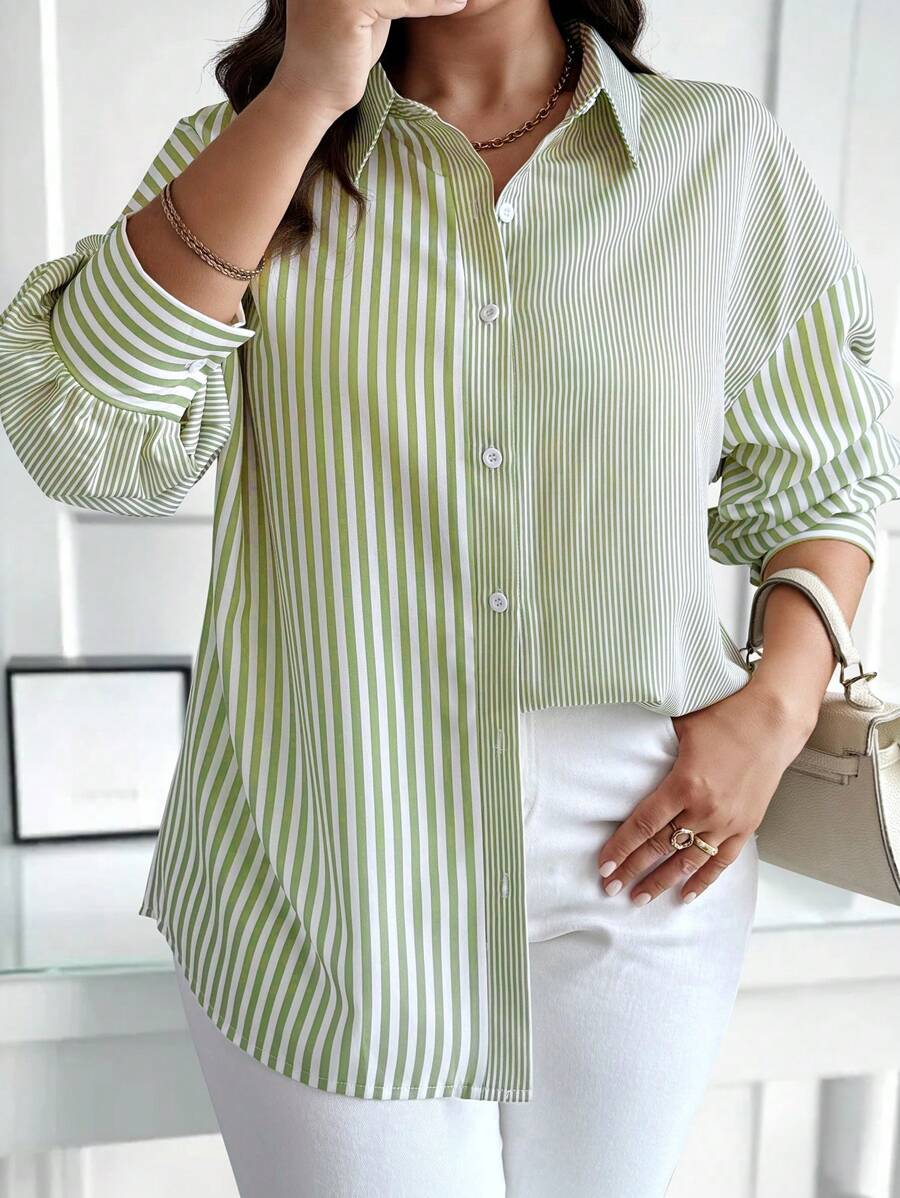 Elenzga Plus Size Casual Striped Patchwork Shirt, Autumn Fall Cloth For Women - Green - View 1