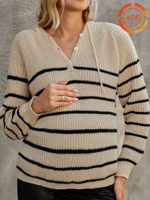 SHEIN 孕妇条纹纽扣半襟连帽长袖毛衣，秋冬季，适合孕妇 - 卡其色 - 查看 1