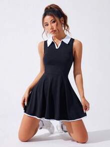 Easithlete Contrast Color Pocket Sleeveless Sports Dress, Summer Athletic Dress