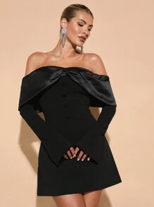 SHEIN BAE Women's Autumn Off-Shoulder Long Sleeve Bow-Tie Decor Cocktail Dress For Party, Date Night Summer Outfits For Women//Spring Clothes//Valentine Day Outfit/Carnaval//Beach Vacation Outits