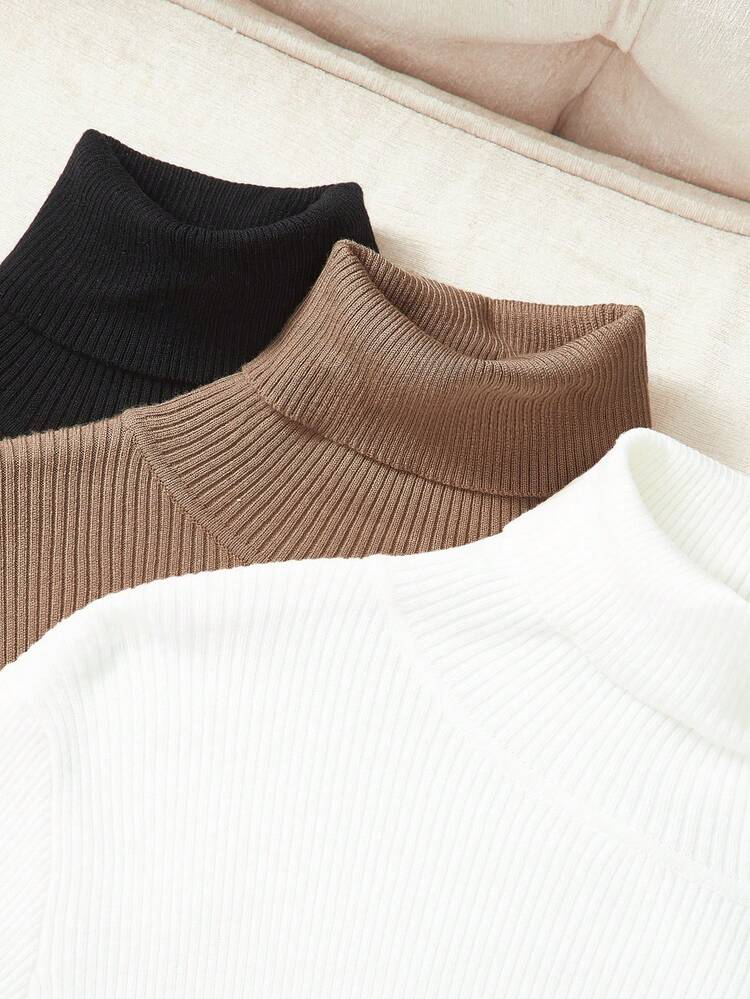 Comfortcana 3 件大码女式黑色+棕色+白色高领保暖针织毛衣，休闲日常穿着保暖 - 彩色 - 查看 3