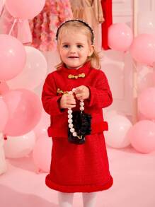 SHEIN Baby Girl Chinese Style Fluffy Retro Button Decorated Hanfu Half Body Skirt Set