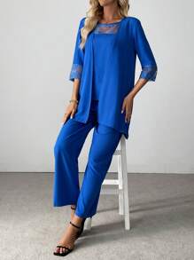 SHEIN LUNE Conjunto casual de 3 piezas para mujer: chaqueta de manga media en unicolor, blusa con empalmado de encaje y pantalones - Azul - Ver 6
