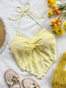 Soleia Camiseta sin mangas con cuello en V acanalado, fruncido delantero y espalda de tirantes anchos, de punto texturizado amarillo, para vacaciones, para mujer
