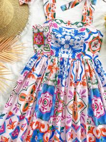 Soleia Colorful A-Line Flounce Hem Tie Front Mini Dress With Sicilian  Print, Casual Vacation 70s Outfit,Fall Women Clothes,Thanksgiving Women Outfit,Homecoming,Party Women Dress,Halloween Outfit,Fairy Costume Dress - Multicolor - View 5