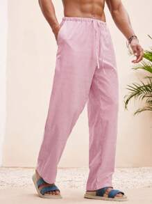 Manfinity VCAY Men Beach Summer Vacation Woven Casual Surfing Seaside Beach Oversize Hawaiian Stripe Linen Pants Beachwear - Pink - View 4