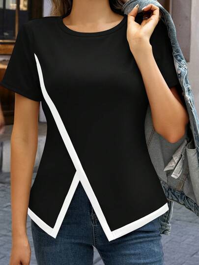 SHEIN Clasi Camiseta casual de mujer de manga corta y cuello redondo con abertura en el bajo, camisetas gráficas para mujer