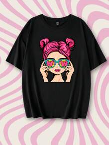 Tseoso Casual Cartoon Character Graphic Oversized Crew Neck Short Sleeve Loose T-Shirt For Women, Summer Pullover , Funny - Black - View 4