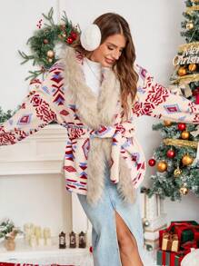 SHEIN Essnce 冬季女装女士长袖落肩几何图案毛绒休闲夹克，秋冬感恩节女装保暖冬季女士外套女士开衫圣诞女装感恩节冬季夹克