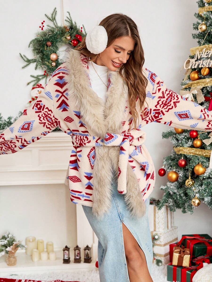 SHEIN Essnce 冬季女装女士长袖落肩几何图案毛绒休闲夹克，秋冬感恩节女装保暖冬季女士外套女士开衫圣诞女装感恩节冬季夹克