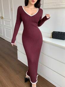 Modelyn Women's V-Neck Color Block Trim Long Sleeve Knit Sweater Dress - Red Violet - View 5