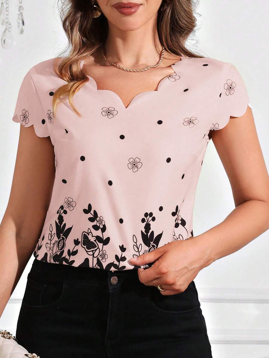SHEIN Clasi 女士夏季花卉印花荷叶边领短袖衬衫、无袖上衣 - 粉色 - 查看 1