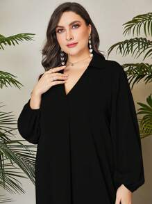 Mulvari Plus Size Solid Color Lantern Sleeve Long Casual Dress for Autumn Maxi Women Outfit - Svart - Visa 6