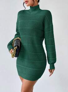 Rafferiza Textured Solid Color Turtleneck Long Sleeve Sweater Dress Fall Winter Cloth For Women - Green - View 3