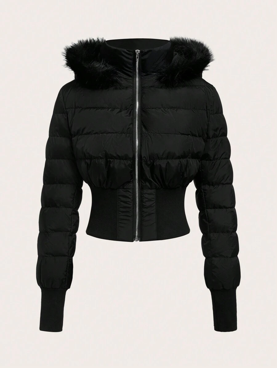 SHEIN PETITE 秋冬拉链毛绒装饰连帽短款黑色夹克 - 黑色 - 查看 1