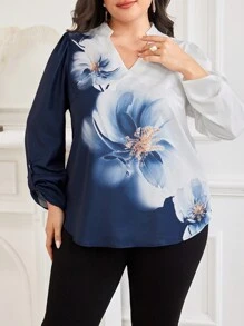 Lacomfia Camisa de manga larga con estampado floral para mujeres de talla grande