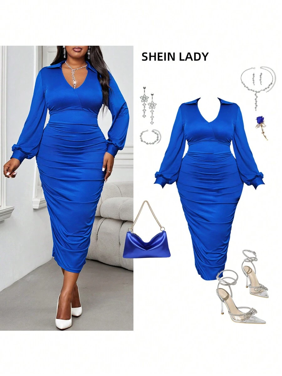 SHEIN Lady Váy xanh thanh lịch cỡ lớn cho nữ mùa thu đông thanh lịch Váy lấp lánh Váy dài mùa thu Váy dạ hội hóa trang Váy dài tay cổ chữ V màu xanh hoàng gia cho nữ Váy dự tiệc Trang phục lễ hội Váy phù dâu Váy phù dâu - Màu xanh hải quân - Xem 1
