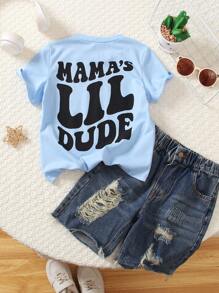 SHEIN Genkimix Kids Young Boys Casual Letter Printed Crew Neck Short Sleeve T-Shirt , Comfortable & Versatile For Daily Sports & Leisure, Spring/Summer Kids Boy Tee Summer Holiday