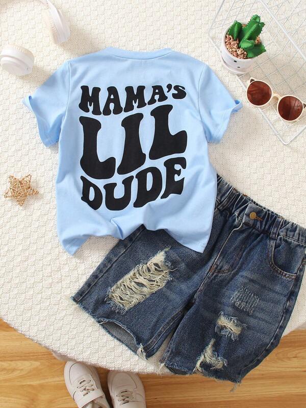 SHEIN Genkimix Kids Young Boys Casual Letter Printed Crew Neck Short Sleeve T-Shirt , Comfortable & Versatile For Daily Sports & Leisure, Spring/Summer Kids Boy Tee Summer Holiday