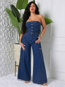 SHEIN SXY Women's Fashionable Strapless Wide-Leg Denim Jumpsuit For Autumn