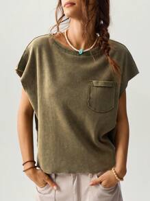 Bohemela 女式做旧洗漱袋圆领宽松 T 恤 - 橄欖綠 - 查看 3