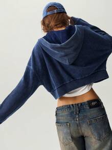 SHEIN BohoFeels Áo nỉ dài tay có mũ trùm đầu thời trang xuân thu giản dị có khóa kéo - Màu xanh lam - Xem 2