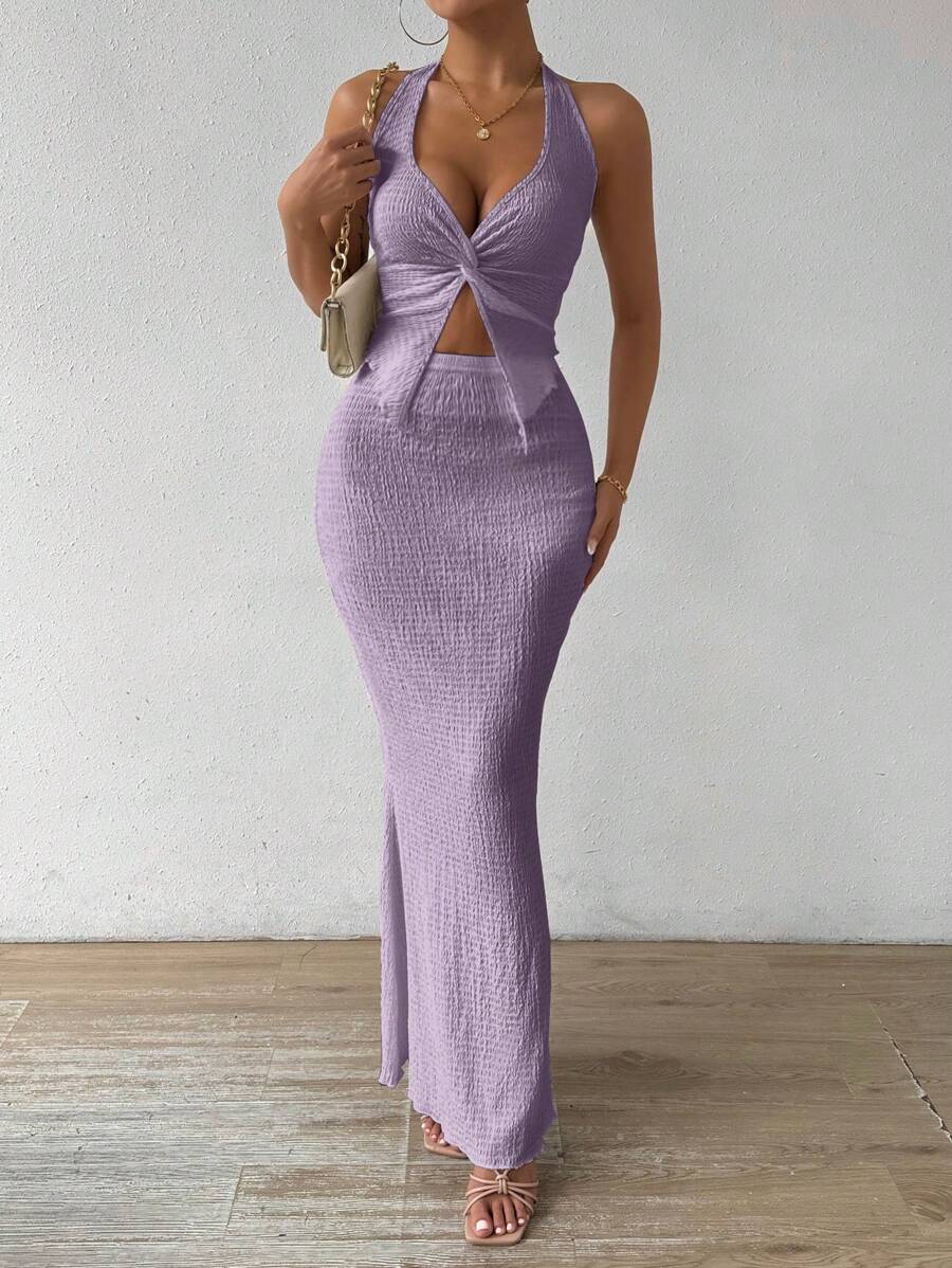 Chiquease 2 件套女士纯色休闲无袖上衣和裙子套装 - 紫色 - 查看 1