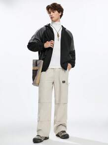 Mainfolk 男士休闲连帽拼色宽松拉链前开衫，秋冬装 - 黑色 - 查看 5