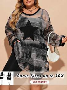 SHEIN CURVE+ Curve Plus Winter  Fall Halloween  Women's See-Through Star Patterned Round Neck Drop Shoulder Long Sleeve Dress For Spring And Summer