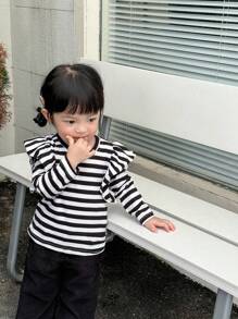 SHEIN 3pcs Set Baby Girls Autumn Casual Ruffled Trim Long Sleeve Tops - Black and White - View 8