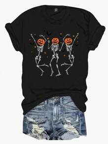 SHEIN LUNE 万圣节休闲南瓜蝙蝠骷髅图案圆领短袖女纯棉T恤适合夏季万圣节女士衣服 - 黑色 - 查看 1