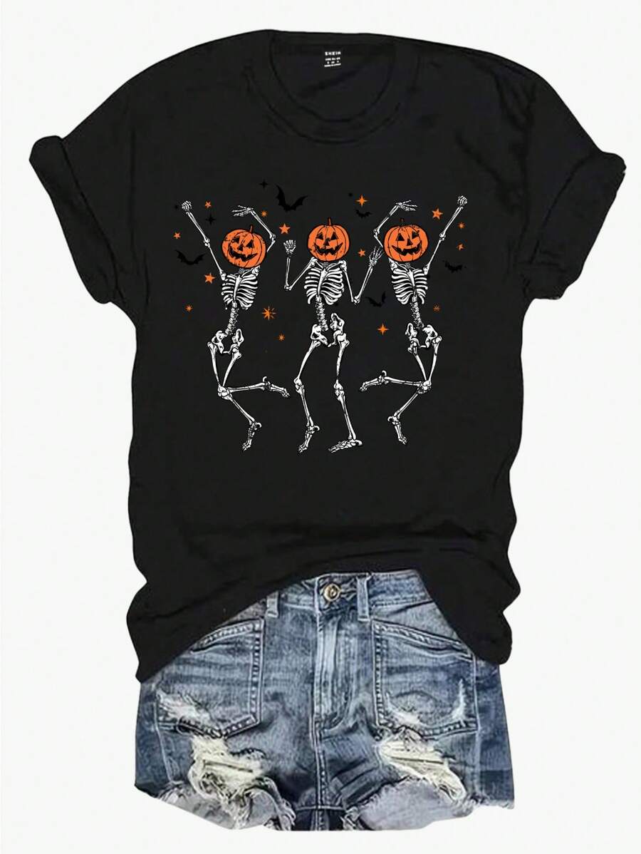 SHEIN LUNE 万圣节休闲南瓜蝙蝠骷髅图案圆领短袖女纯棉T恤适合夏季万圣节女士衣服 - 黑色 - 查看 1