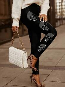 Plus Size Women Skull Rhinestones Decorated Leggings - Black - View 1